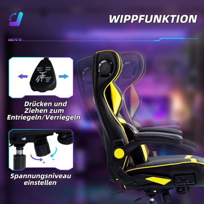 Vinsetto Gaming Stuhl mit Schaukelfunktion und Lautsprecher, Lenden- und Nackenstütze, für Spielzimmer, Kunstleder, Gelb+Schwarz