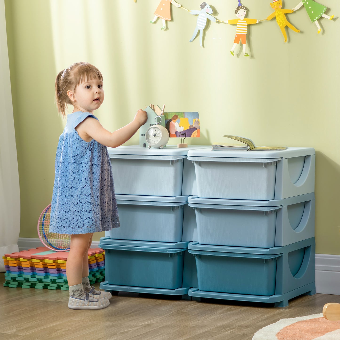 HOMCOM Aufbewahrungsbox für Kinder, Kinder-Aufbewahrungsbox, 3 Schubladen, Blau