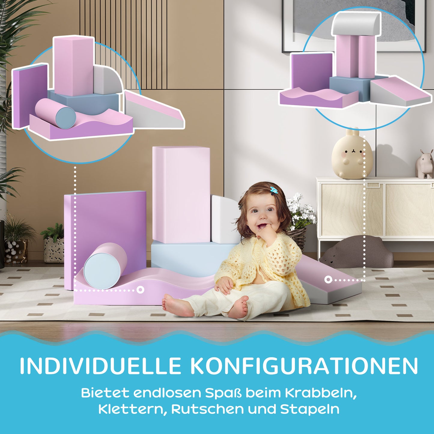 HOMCOM Schaumstoff-Bausteine für Kinder, fördert Kreativität, Kunstleder, 40x40x20 cm, Mehrfarbig, 1-3 Jahre