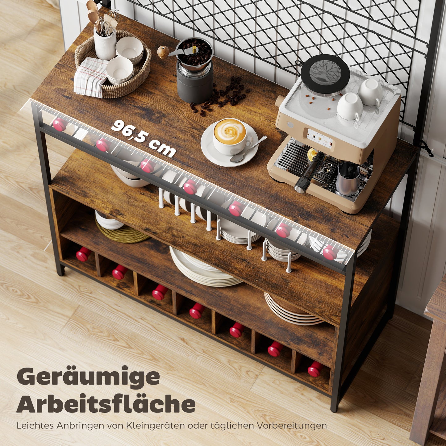 HOMCOM Küchenregal mit Arbeitsfläche, Metallgitterpaneele, 5 Haken, Küchenschrank für Gewürze, Töpfe, Pfannen, Braun