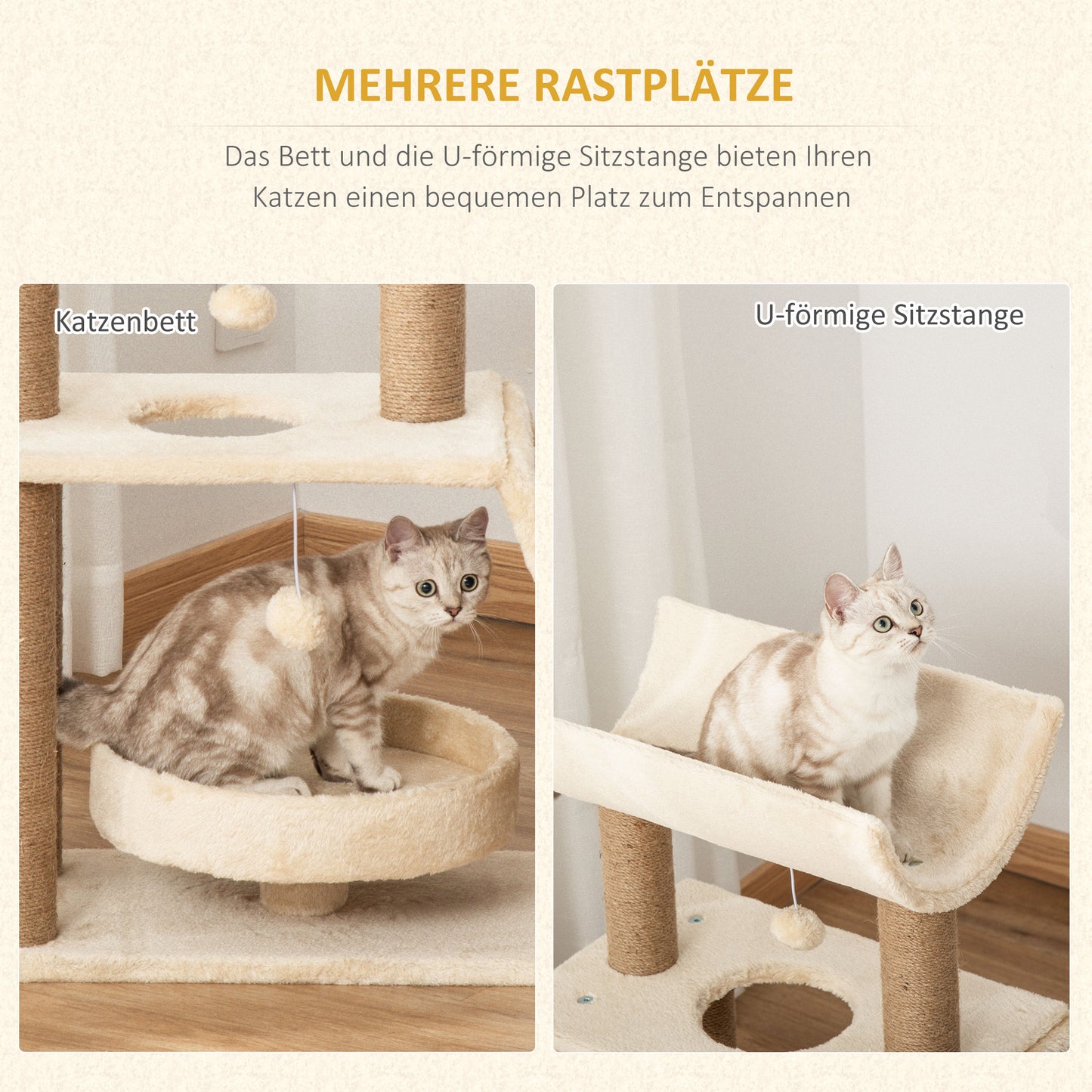 PawHut Kratzbaum Katzenbaum, inkl. Spielzeug und Katzenbett, 60 cm x 30 cm x 76 cm, Creme + Natur