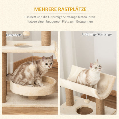 PawHut Kratzbaum Katzenbaum, inkl. Spielzeug und Katzenbett, 60 cm x 30 cm x 76 cm, Creme + Natur