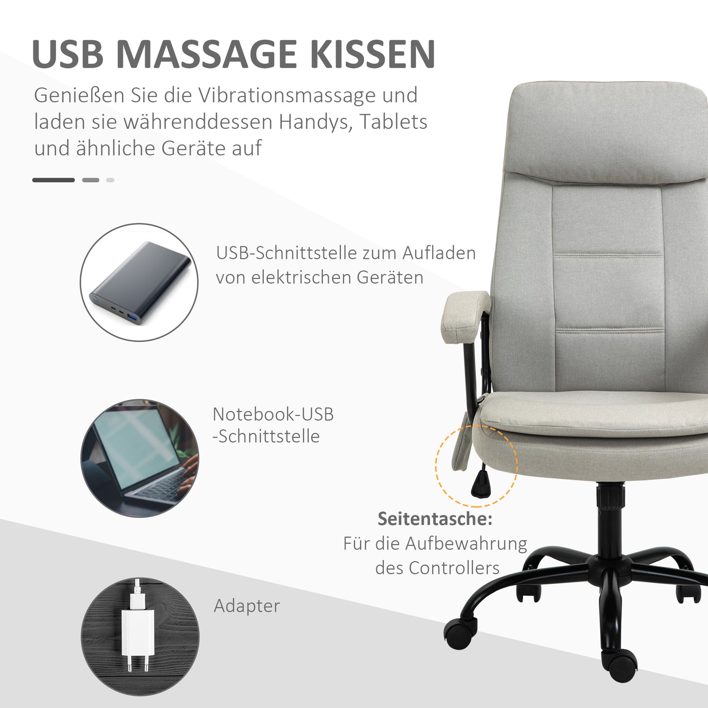 Vinsetto Bürostuhl Massage höhenverstellbarer Chefsessel Gamingstuhl mit Massagefunktion, ergonomischer Drehstuhl Massage Sessel Lendenwirbelsäulenmassage Leinen-Gefühl Beige 63 x 70 x 112-121 cm