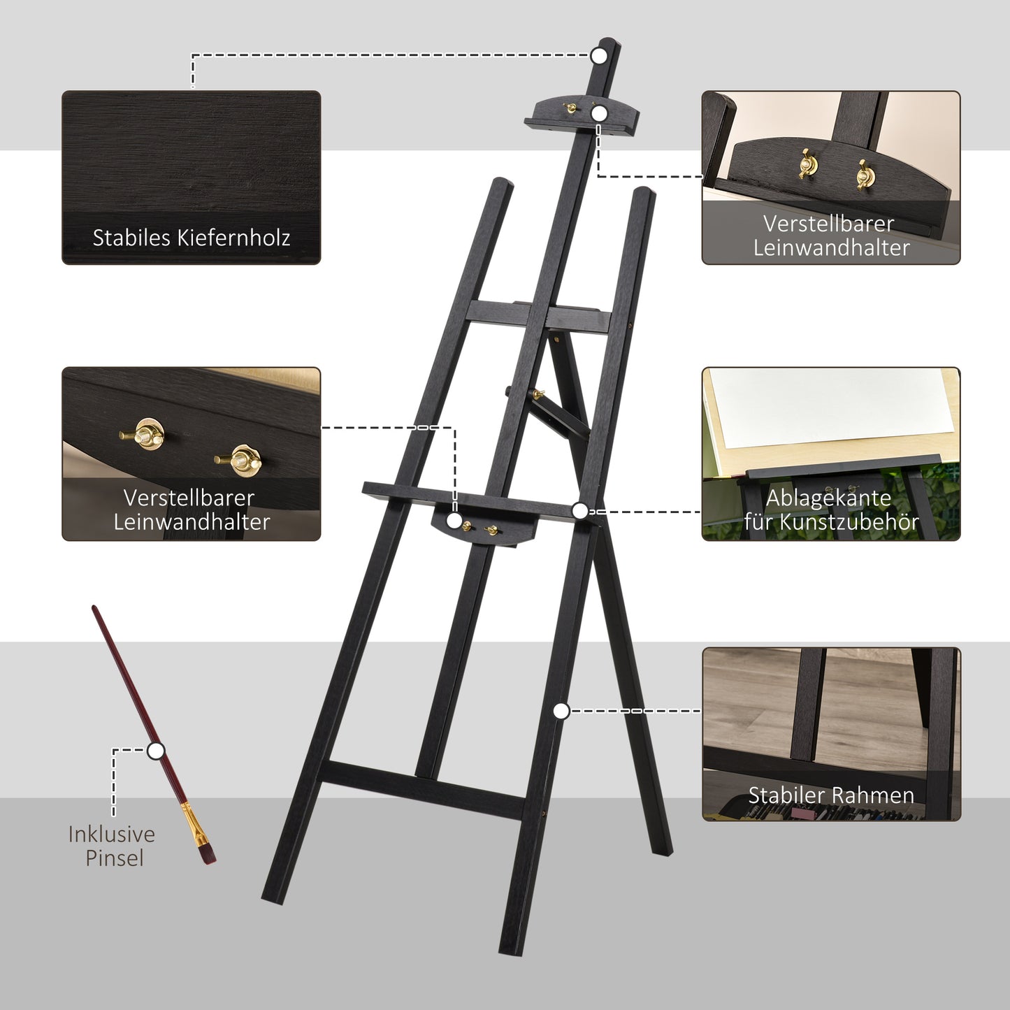 HOMCOM Staffelei Holz 134,5 cm hoch Holzstaffelei für Leinwände bis 108 cm Feldstaffelei Atelierstaffelei für Malerei, Skizze, Hochzeit, Ausstellung Schwarz