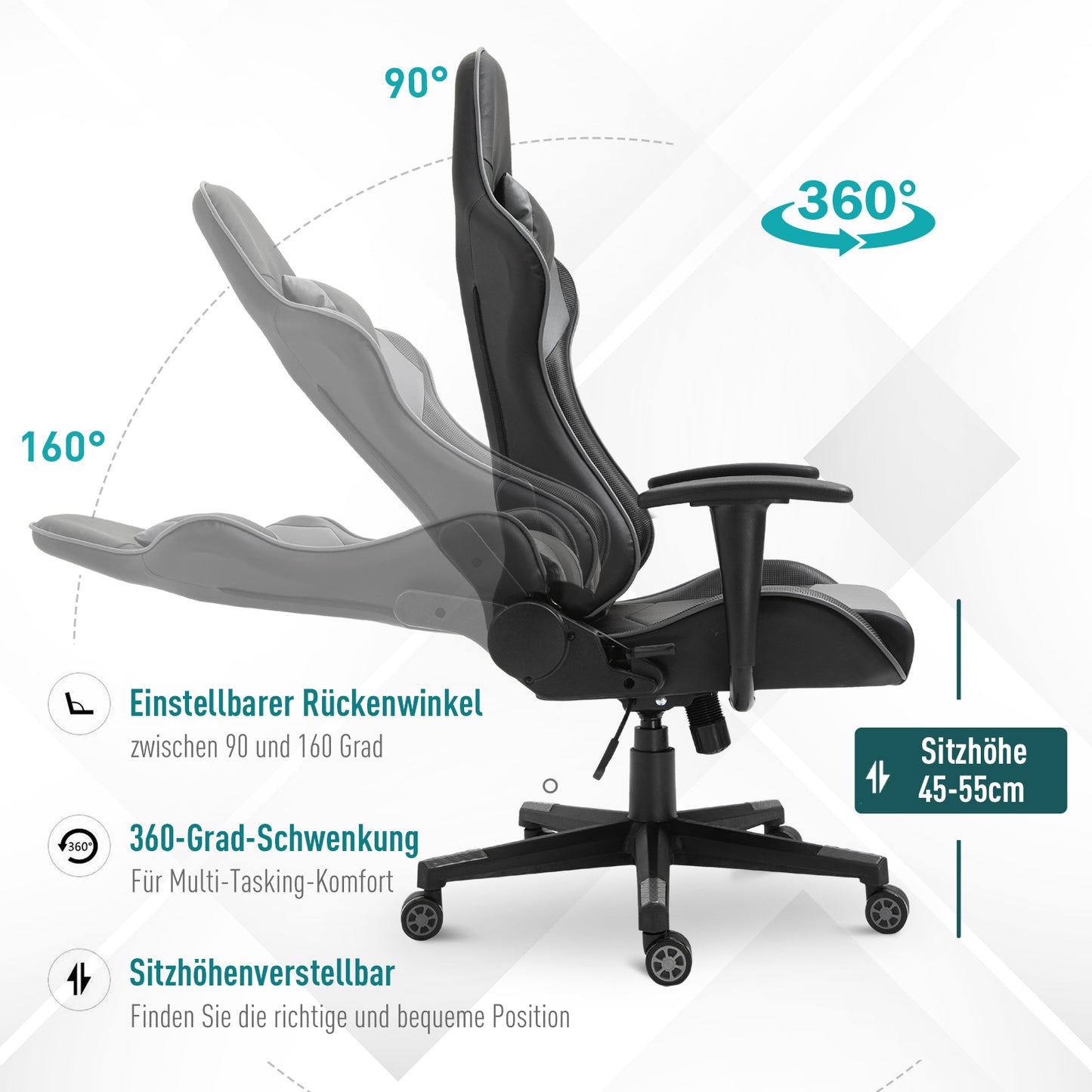 Vinsetto Ergonomischer Bürostuhl, Gaming Stuhl, Drehstuhl, Kunstleder, Schaumstoff, Schwarz, 67,5 x 74x 126-136 cm