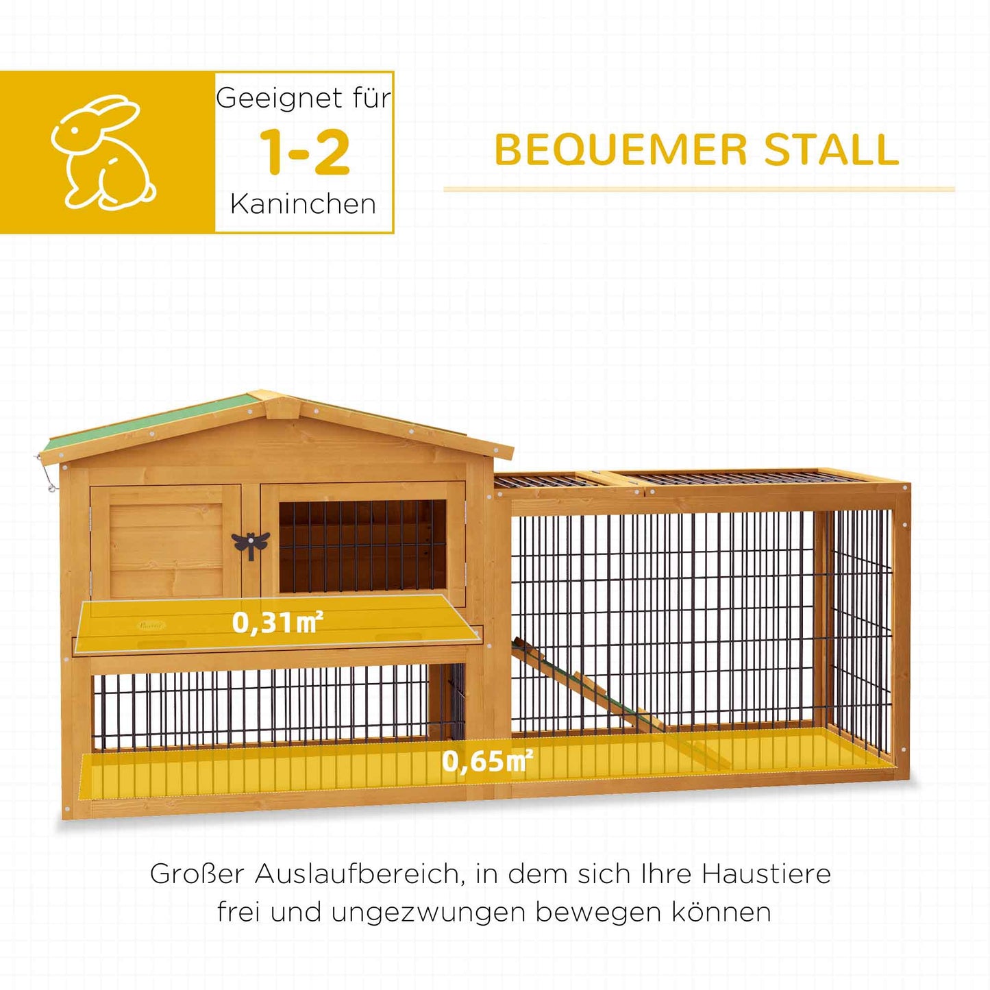 PawHut Hasenstall 2 Ebenen Kaninchenstall Tannenholz Winterfest Doppelstockhaus mit Freilaufgehege Rampe 150x52x68 cm Gelb