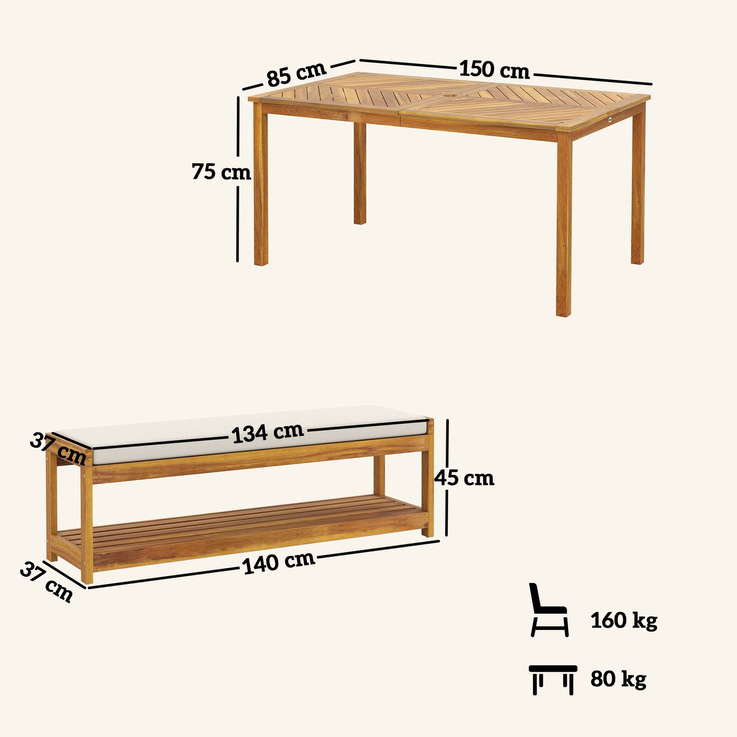 Outsunny 3 tlg. Gartenmöbel-Set, Sitzgarnitur inkl. 1 Esstisch mit Schirmloch, 2 Bänke 150 x 85 x 75 cm Teak