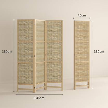HOMCOM 3-teiliger Raumteiler, 180 cm faltbarer Wandschirm, Freistehender Raumtrenner mit handgewebtem Design für Zuhause, Natur