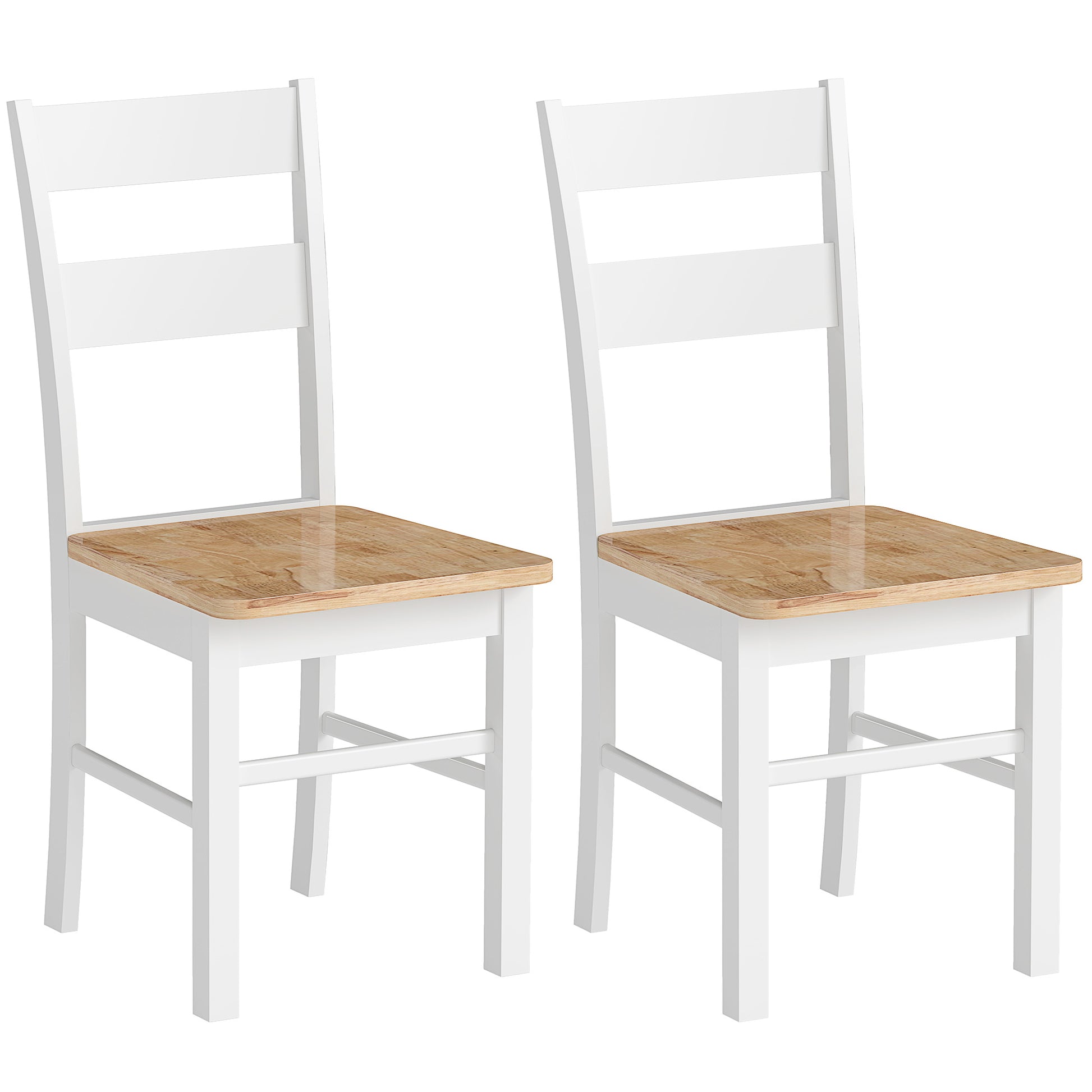 HOMCOM 2er-Set Küchenstühle, Kautschukholz, gebogene Sprossenlehne, Weiß