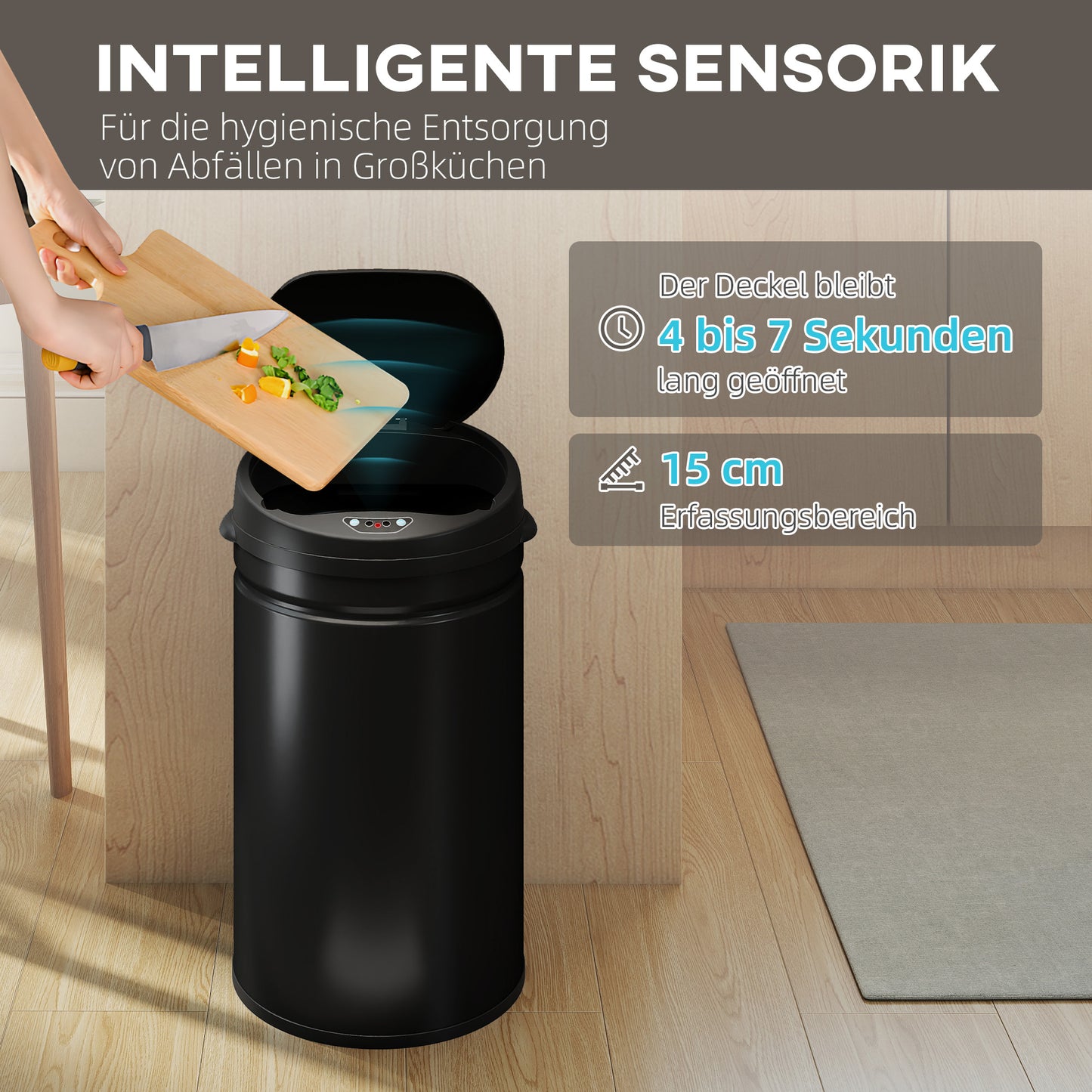 HOMCOM 30 Liter Sensor-Mülleimer mit Soft-Close-Funktion, berührungsfreier Abfalleimer aus Edelstahl für hygienische Küchen