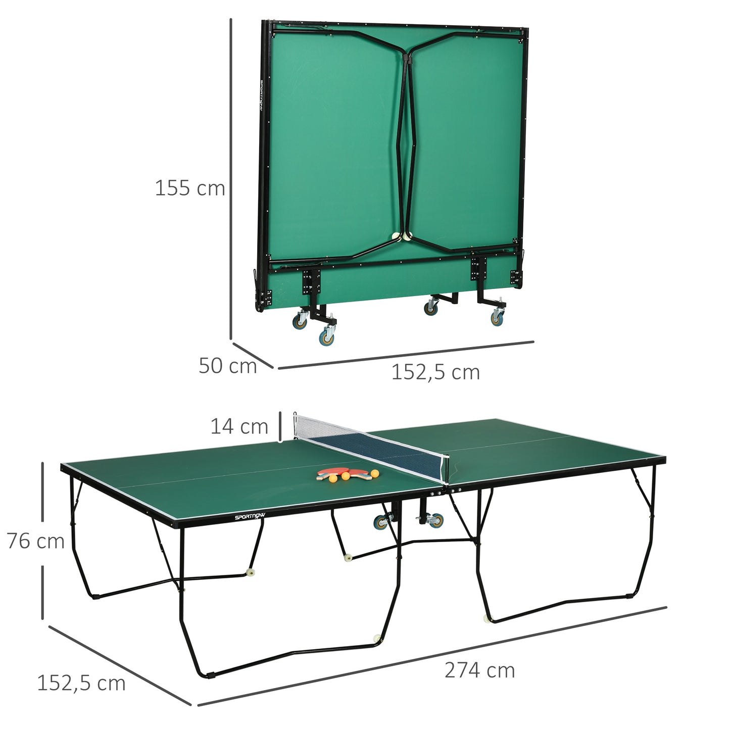 SPORTNOW Tischtennisplatte Tischtennis-Set, klappbar, 8 Rollen, inkl. Schläger u. Bälle, 274 cm x 152.5 cm x 76 cm, Grün