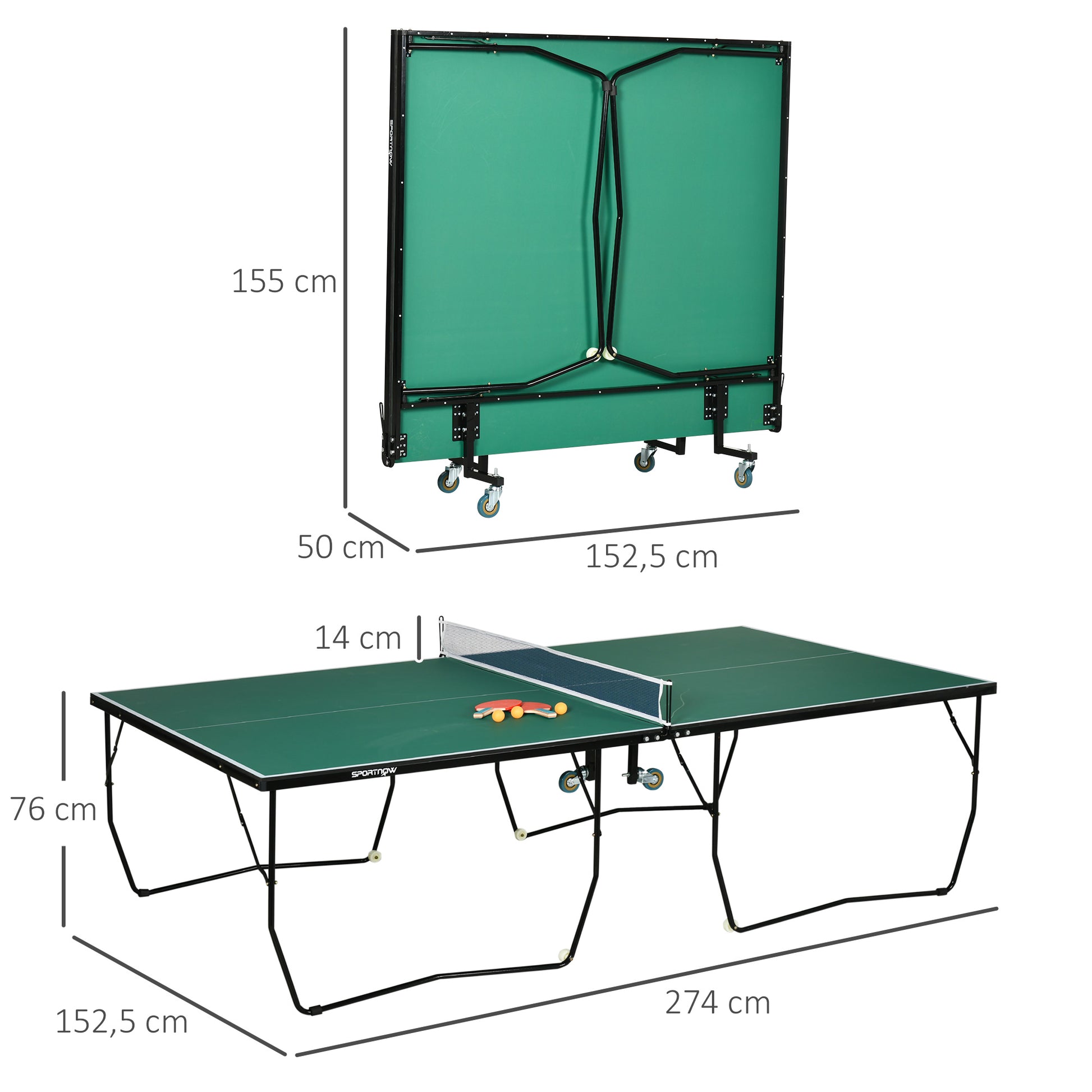 SPORTNOW Tischtennisplatte Tischtennis-Set, klappbar, 8 Rollen, inkl. Schläger u. Bälle, 274 cm x 152.5 cm x 76 cm, Grün