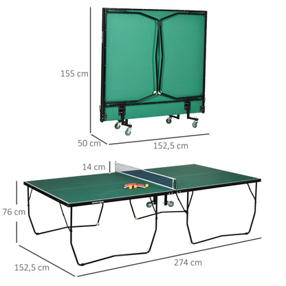 SPORTNOW Tischtennisplatte Tischtennis-Set, klappbar, 8 Rollen, inkl. Schläger u. Bälle, 274 cm x 152.5 cm x 76 cm, Grün