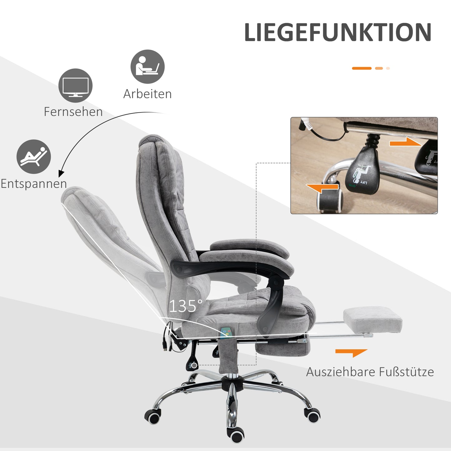 Vinsetto Bürostuhl mit Massagefunktion, Ergonomischer Schreibtischstuhl mit Liege- & Wärmefunktion, Fernbedienung, Grau