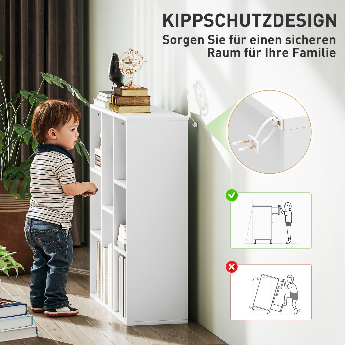 HOMCOM 3-Ebenen-Bücherregal, 8 Fächer, Spanplatte, Aufbewahrungsregal, Weiß