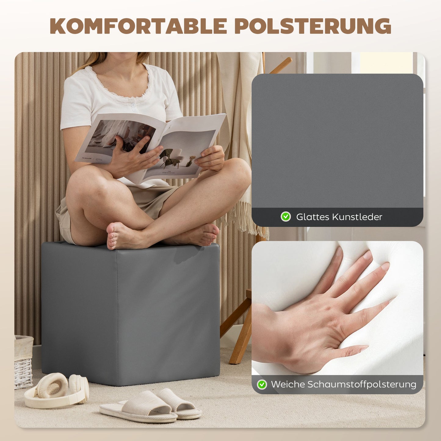 HOMCOM Sitzhocker mit Stauraum Hocker mit Deckel، Quadratischer Fußhocker Sitzwürfel Kunstleder 40 x 40 x 40 سم غراو