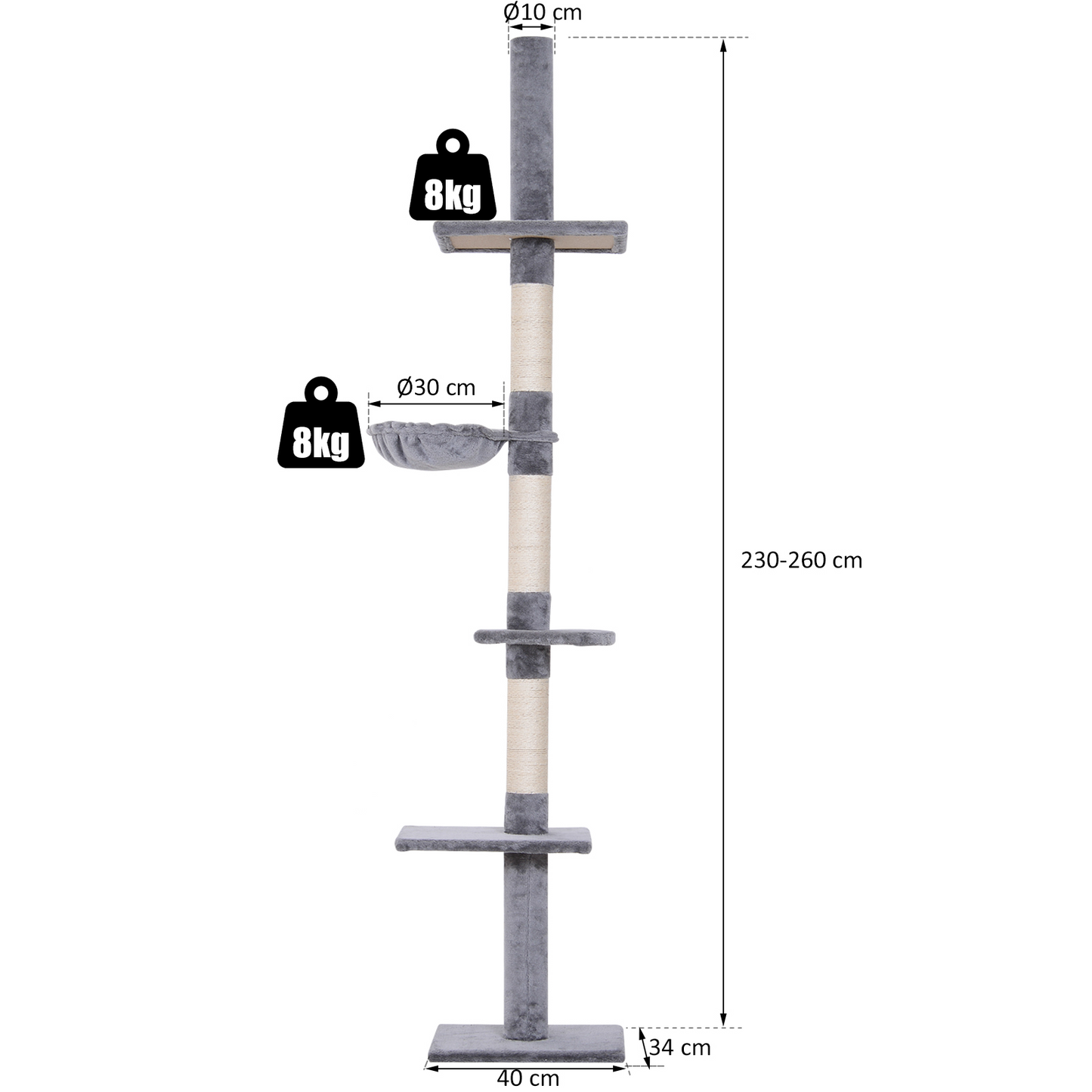 PawHut Kratzbaum Deckenhoch höhenverstellbar, stabiler Katzenbaum mit Sisalsäulen, Katzen Kletterbaum, Grau, 40 x 34 x 230-260 cm