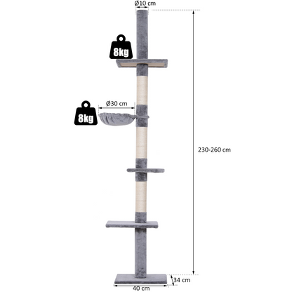 PawHut Kratzbaum Deckenhoch höhenverstellbar, stabiler Katzenbaum mit Sisalsäulen, Katzen Kletterbaum, Grau, 40 x 34 x 230-260 cm