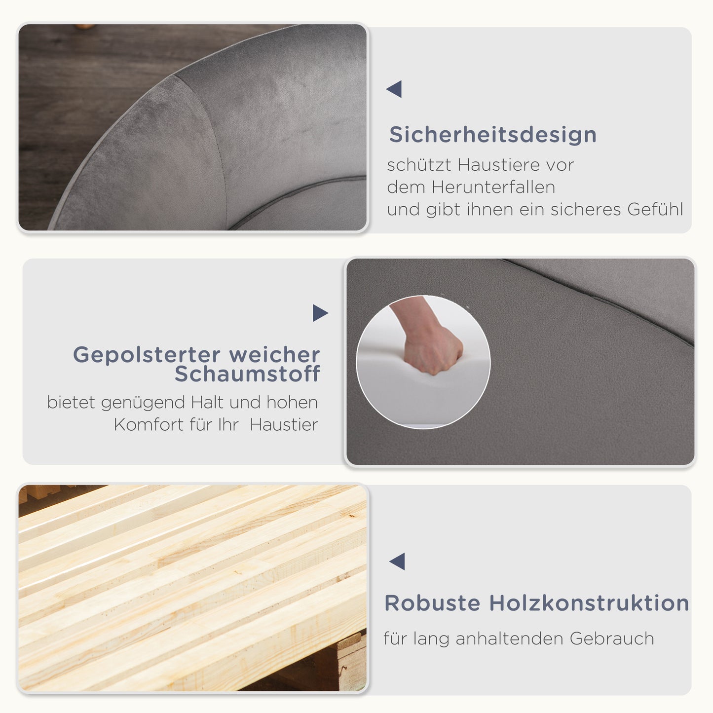 PawHut Haustiersofa Hundesofa Hundebett mit Holländischer Samt Schaumstoff Birke Bein für Katzen Hunde 86 x 55 x 33 cm Hellgrau