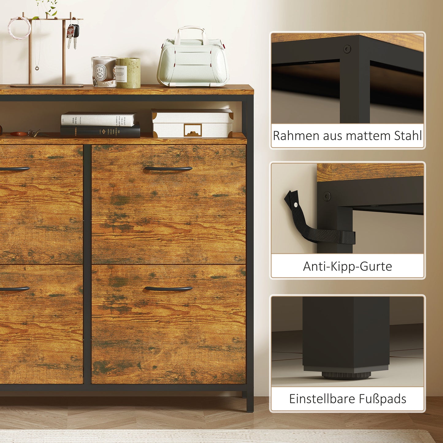 HOMCOM Schuhschrank mit 4 klappbaren Schubladen, schmales Design, offenes Regal, für 12-20 Paar Schuhe, Stahl, Braun