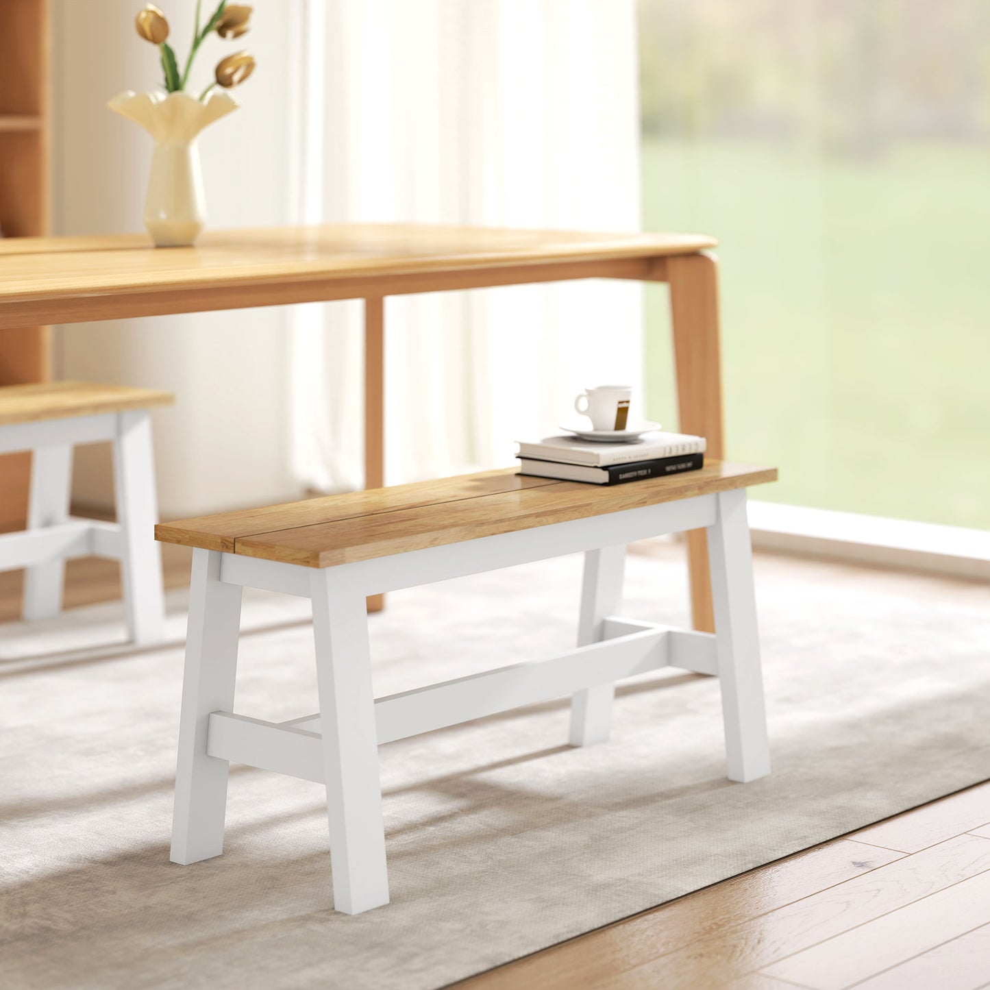 HOMCOM Sitzbank für 2, Holzbank in Eichenoptik, stabilisierende Querstange, für Wohnzimmer, Esszimmer, Flur, Kautschukholz, Weiß