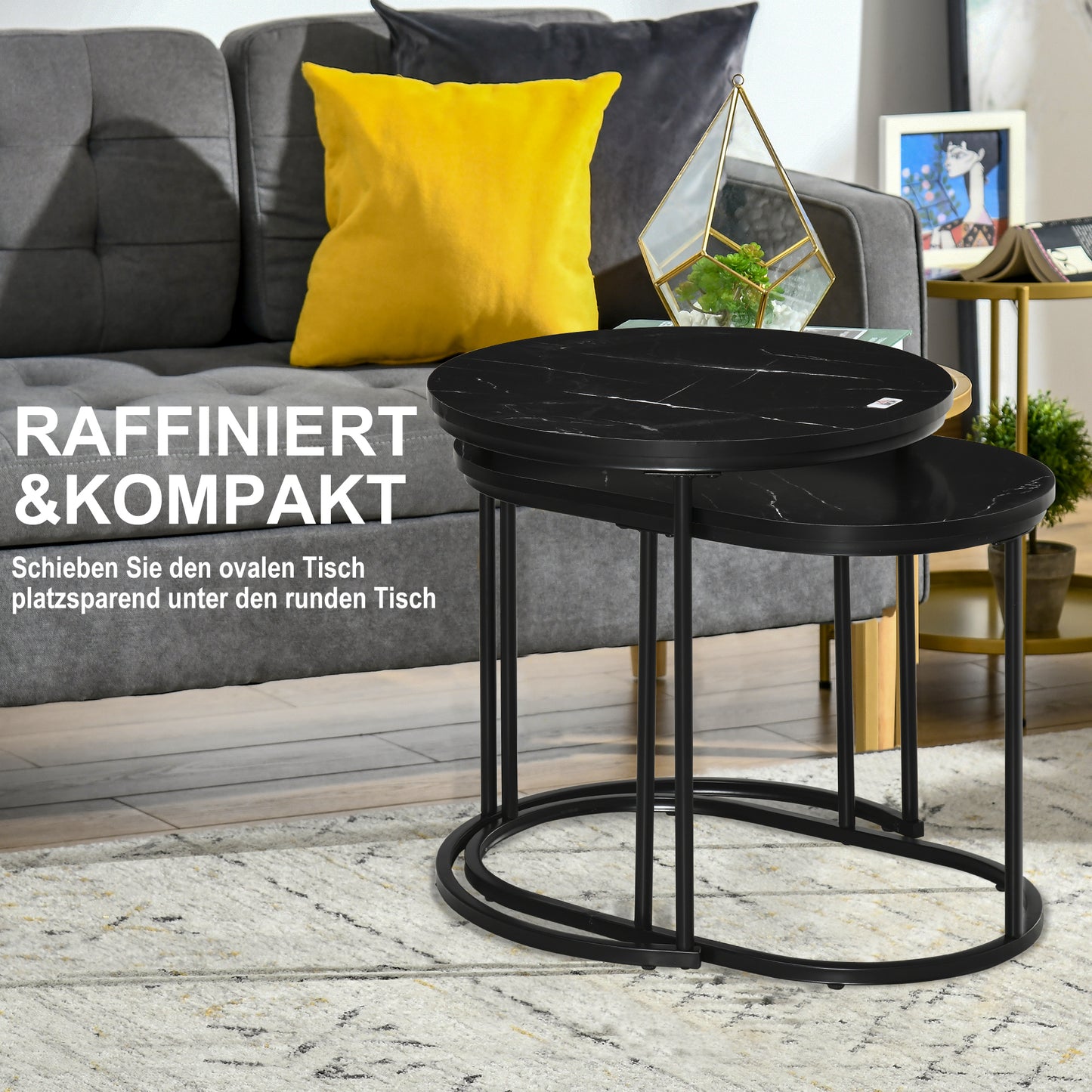 HOMCOM 2er-Set Couchtisch، Ovaler und runder Kaffeetisch، Stapelbar، Marmoroptik، MDF، Metall، Ø50 x 50,5H cm، Schwarz