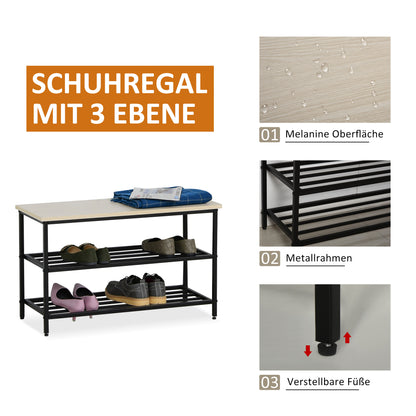 HOMCOM 2-in-1 Garderobenset Flurgaderobe mit Sitzbank Wandgarderobe für Eingangsbereich، 6 Haken، Natur+Schwarz، 75 × 30 × 45 سم (Sitzbank)
