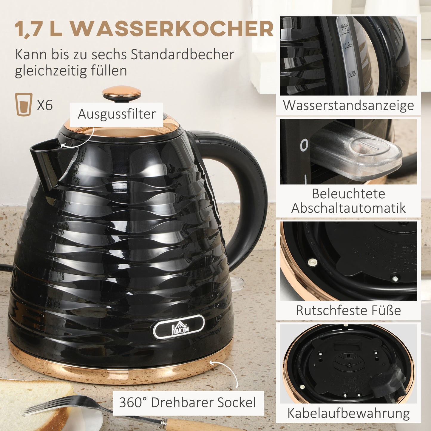 HOMCOM 2-in-1 Toaster und Wasserkocher Set, 7 Bräunungsstufen, Auftau- und Aufwärmfunktion, Grau