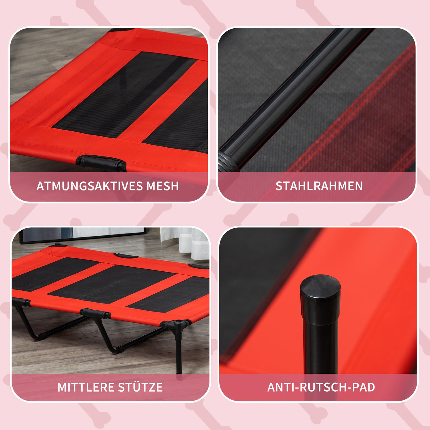 PawHut Hundebett, faltbar, Outdoor-Hundebett, erhöhter Stand, 122 cm x 92 cm x 23 cm, Rot + Schwarz