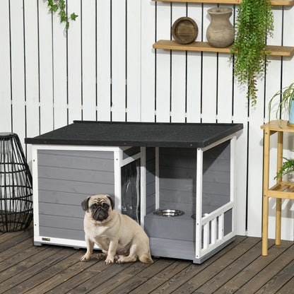 PawHut Hundehütte aus Massivholz، mit 2 Fressnäpfen، Veranda، wetterbeständig، 103 سم × 62 سم ​​× 66 سم، Grau + Weiß