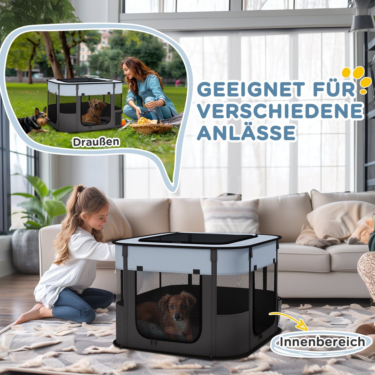 PawHut Spiegehege für Haustiere, faltbar, mit Aufbewahrungstasche, for Welpen und Kätzchen, drinnen und draußen, غراو