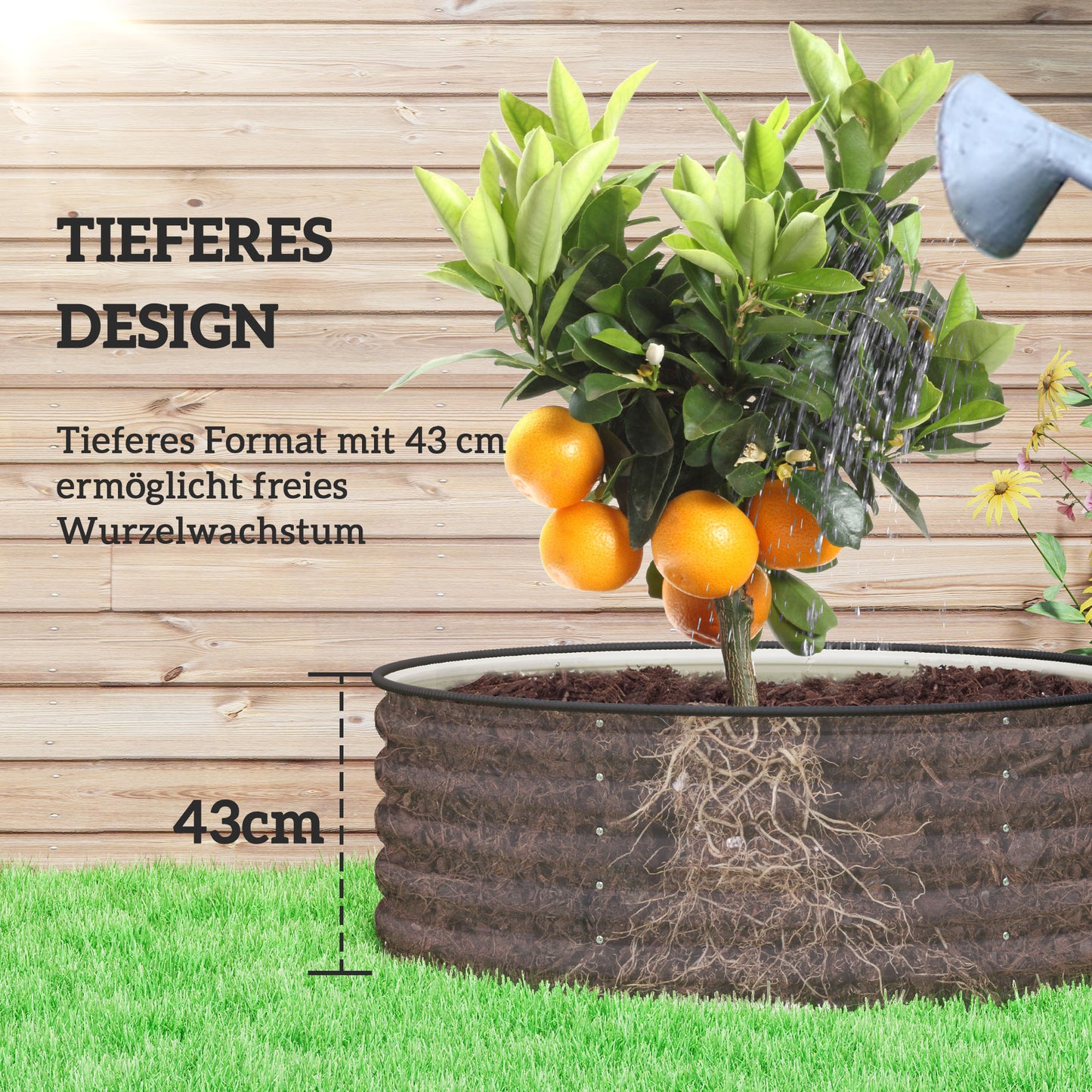 Outsunny Hochbeet, Verzinkter Pflanzkübel mit Sicherheitsrand, Pflanzbox mit offenem Boden, 120 x 120 x 43 cm, Cremeweiß