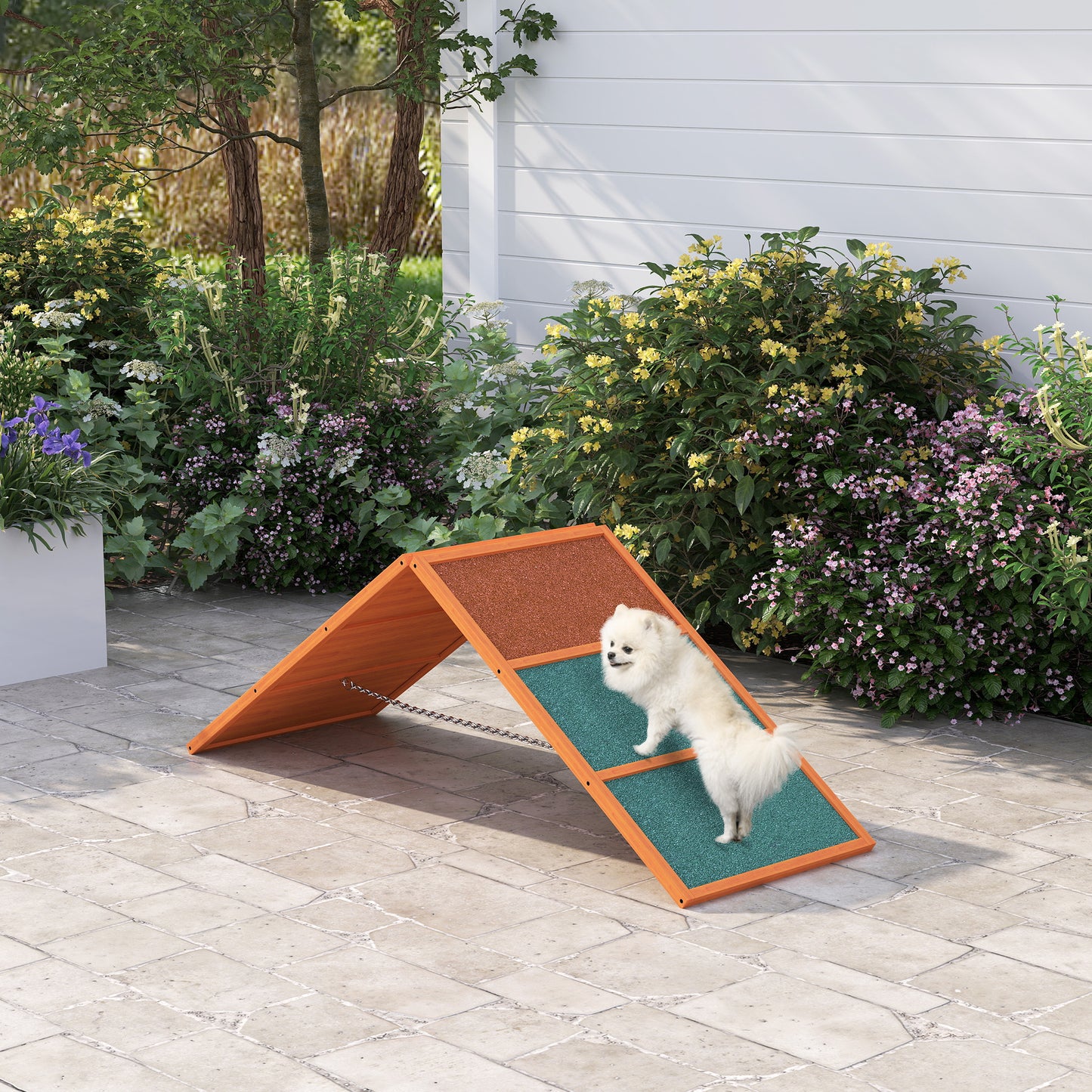 PawHut Agility Hunderampe, klappbar, verstellbare Höhe, rutschfest, Tannenholz, bis 40 kg, 173 x 59 x 66 cm, Orange/Grün