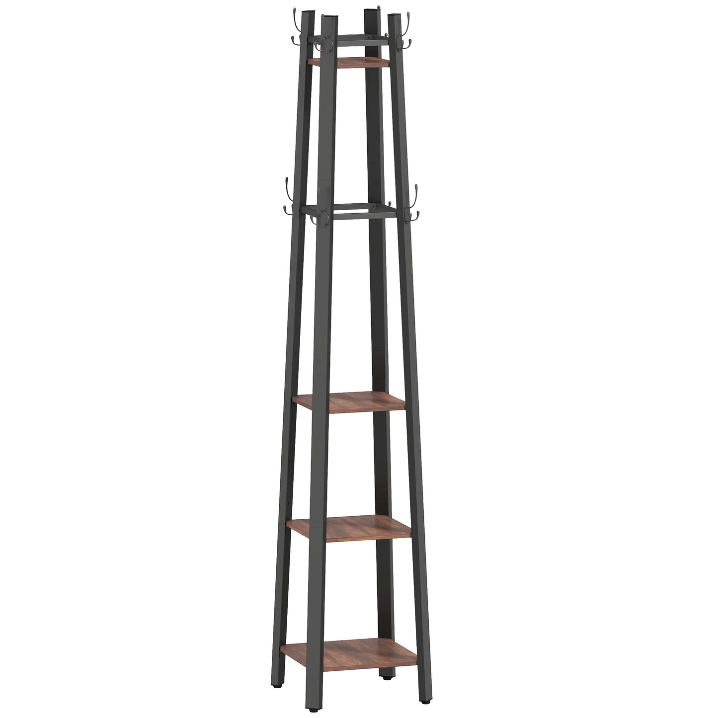 HOMCOM Garderobenständer mit 4 Ebenen, freistehender Kleiderständer, 8 Haken, 4 Regale, Industrie-Stil, Metall, Spanplatte, Braun