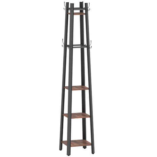 HOMCOM Garderobenständer mit 4 Ebenen, freistehender Kleiderständer, 8 Haken, 4 Regale, Industrie-Stil, Metall, Spanplatte, Braun