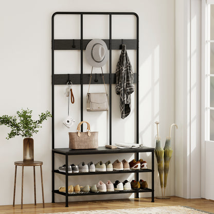 HOMCOM 3-in-1 Garderobenständer, Kleiderhaken, Sitzbank, Schuhregal, Metall, Spanplatte, Schwarz
