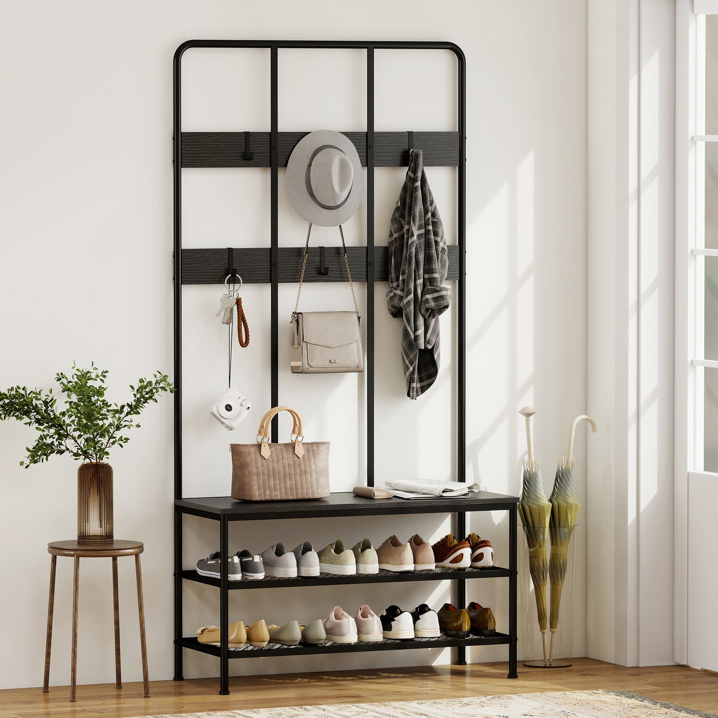 HOMCOM 3-in-1 Garderobenständer, Kleiderhaken, Sitzbank, Schuhregal, Metall, Spanplatte, Schwarz