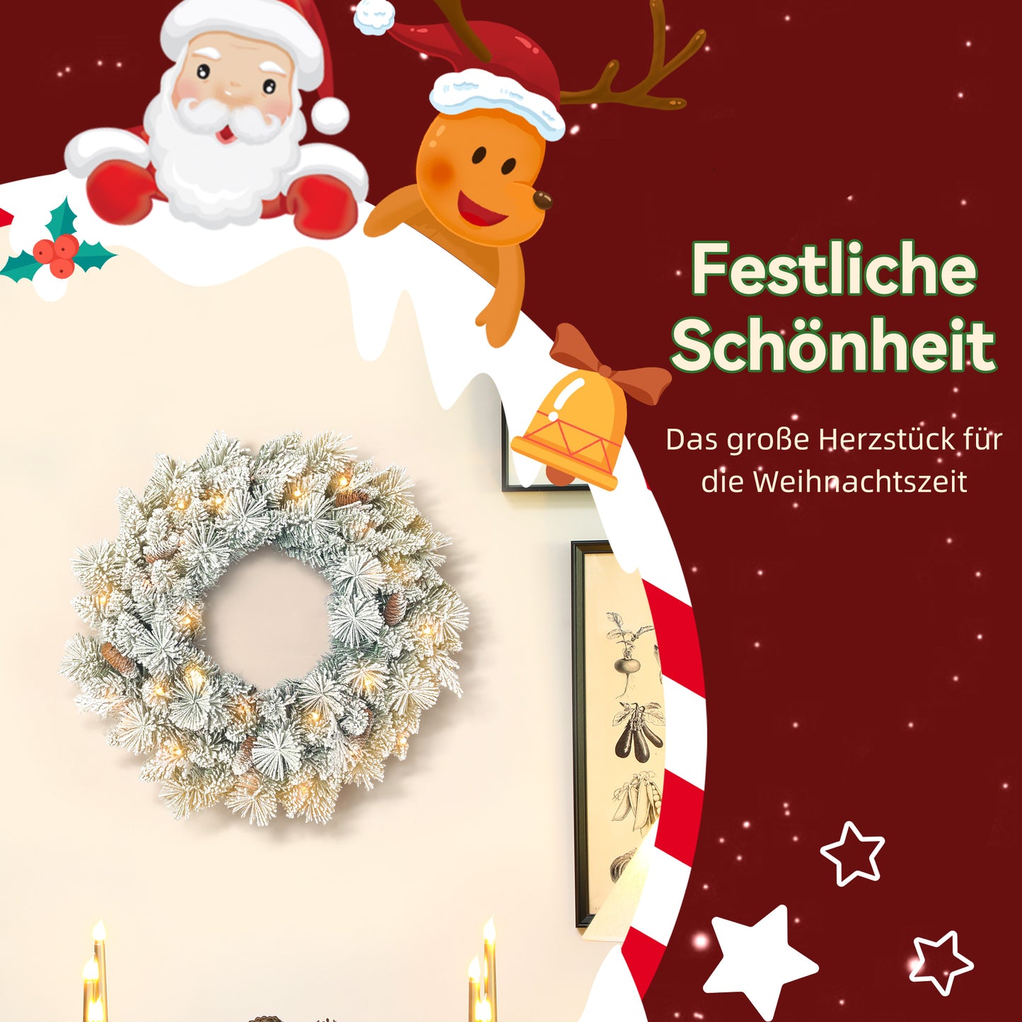 HOMCOM Tannenkranz Weihnachtskranz mit LED-Lichterkette, Tannenzapfen, Türkranz Grün+Weiß, Ø60 x 8 cm