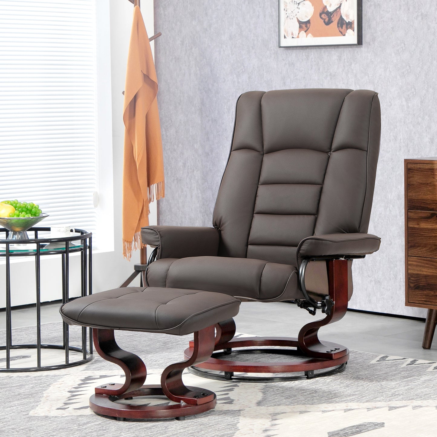 HOMCOM Relaxsessel mit Hocker, drehbar & neigbar, Kunstlederbezug, bis 150 kg, Holzgestell, Braun