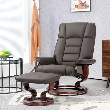 HOMCOM Relaxsessel mit Hocker, drehbar & neigbar, Kunstlederbezug, bis 150 kg, Holzgestell, Braun