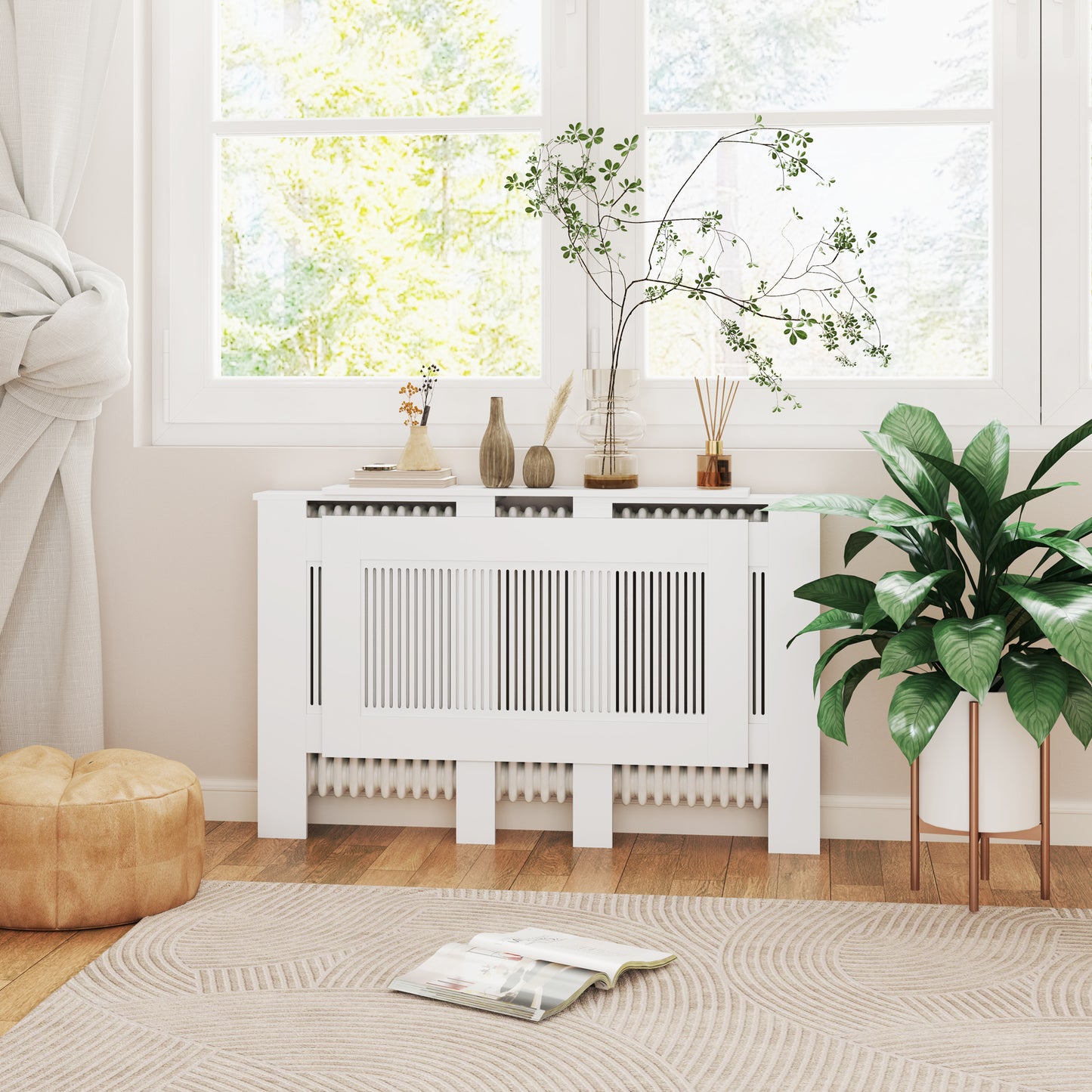 HOMCOM Heizkörperverkleidung, Lamellendesign, verstellbare Länge 125-201 cm, MDF, Weiß
