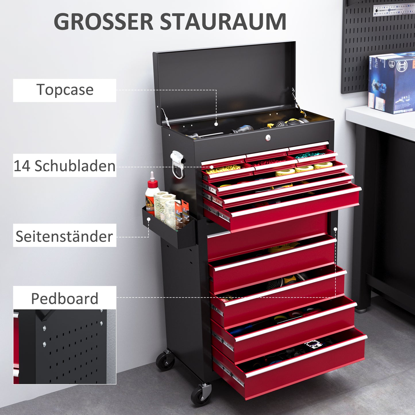 HOMCOM Werkzeugwagen, zweiteilig, abschließbar, 14 Schubladen, Lochwand, Stahl, Rot