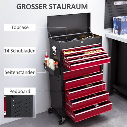 HOMCOM Werkzeugwagen, zweiteilig, abschließbar, 14 Schubladen, Lochwand, Stahl, Rot