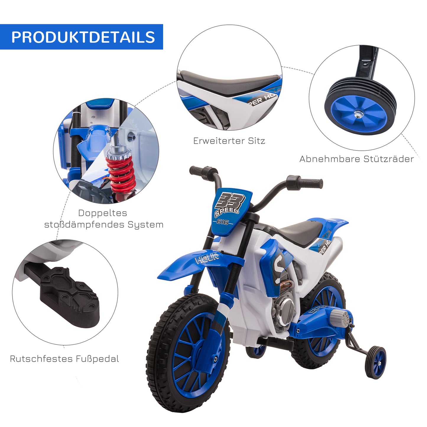 HOMCOM Kindermotorrad, Elektromotorrad, 45 Min Fahrzeit, mit Stützrädern, ab 3 Jahren, blau+weiß, 106,5 x 51,5 x 68cm