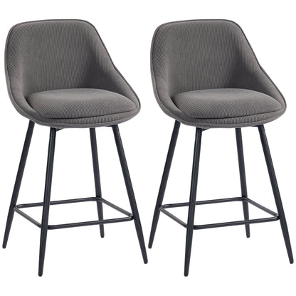 HOMCOM 2er-Set Barstühle mit Cordbezug und Stahlbeinen, Polsterstühle für Kücheninsel, Esszimmer, Grau