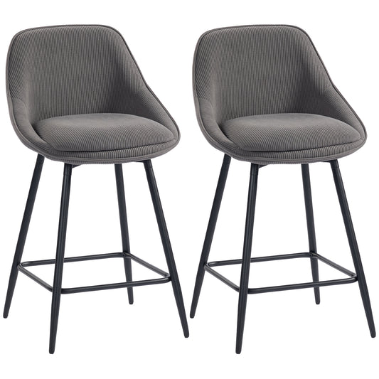 HOMCOM 2er-Set Barstühle mit Cordbezug und Stahlbeinen, Polsterstühle für Kücheninsel, Esszimmer, Grau