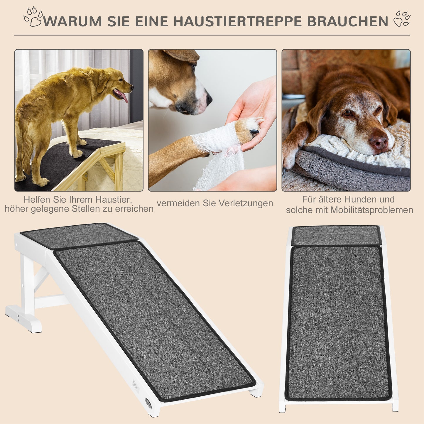 PawHut Haustierrampe mit rutschfestem Teppich 125 x 40 x 35,5 سم كيفيرنهولز