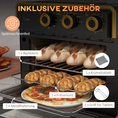 HOMCOM Mini-Backofen, 20 Liter, ölfreies Frittieren, Grillen, Backen, Umluft, 90-230° C, Timer, 1400W, schwarz+gold