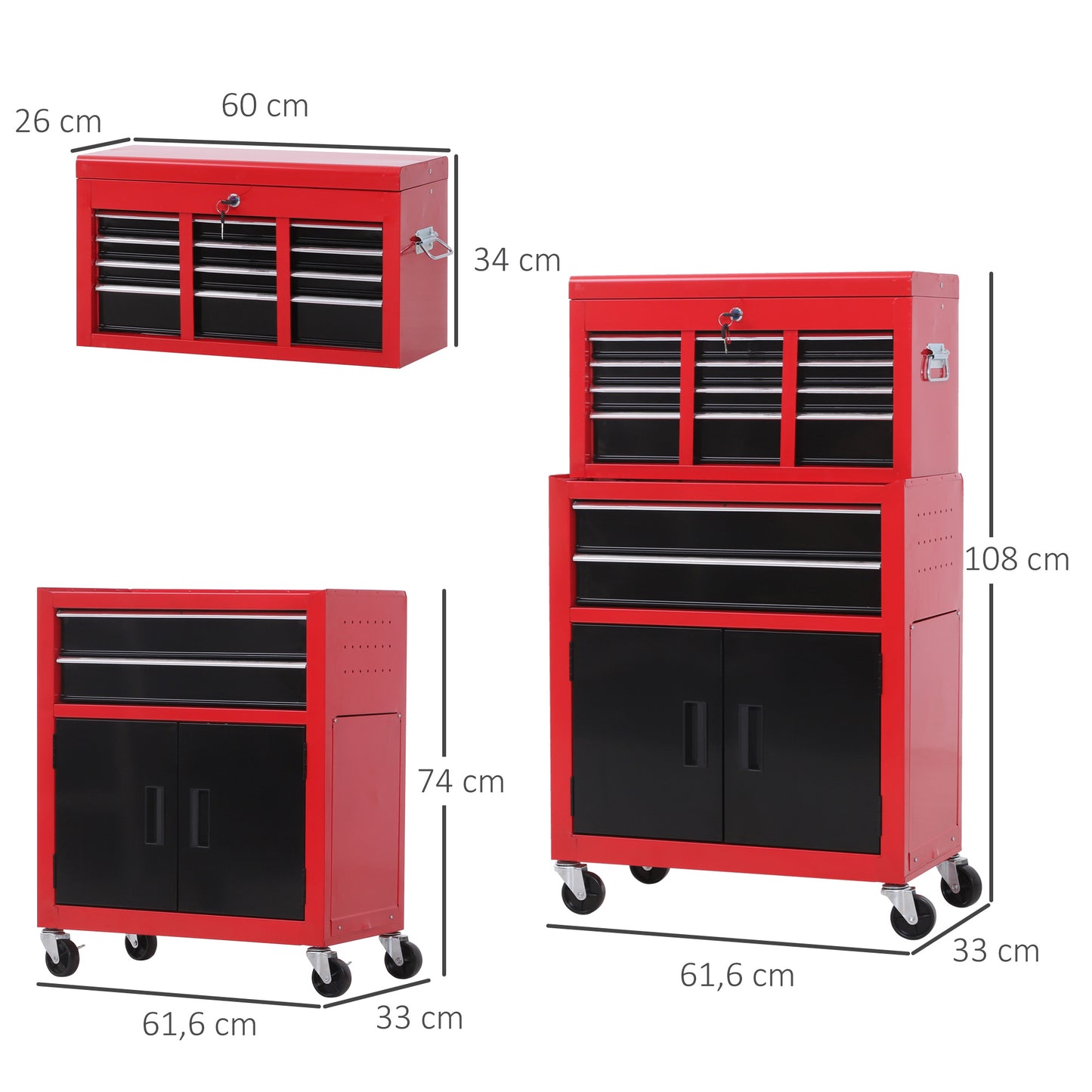 HOMCOM Werkzeugschrank mit Werkzeugkiste, rollbar, 6 Schubladen, Metall, Rot