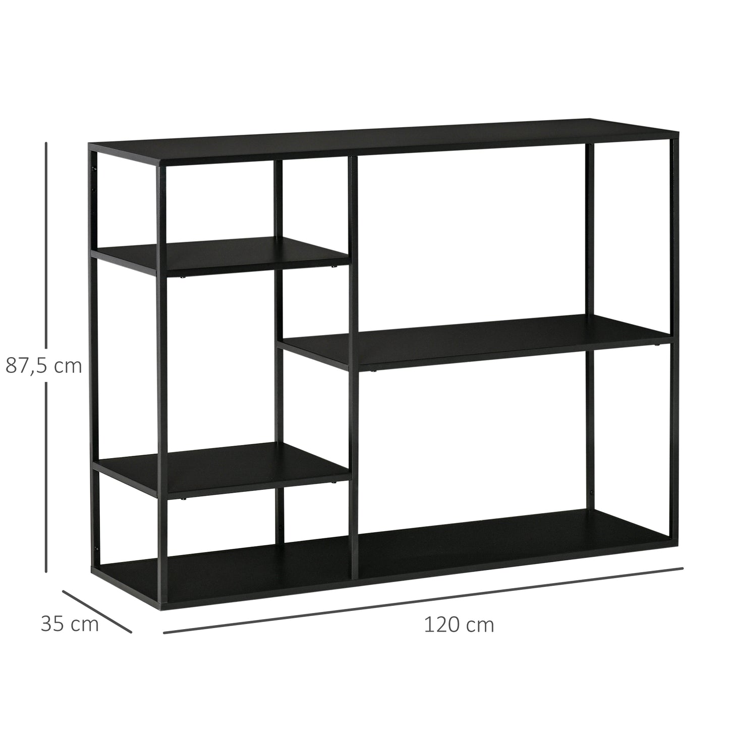 HOMCOM Standregal Bücherregal mit 5 offenen Fächern, Aufbewahrungsregal mit Metallrahmen, Würfelregal für Küche, Wohnzimmer, Schwarz, 120 x 35 x 87,5 سم